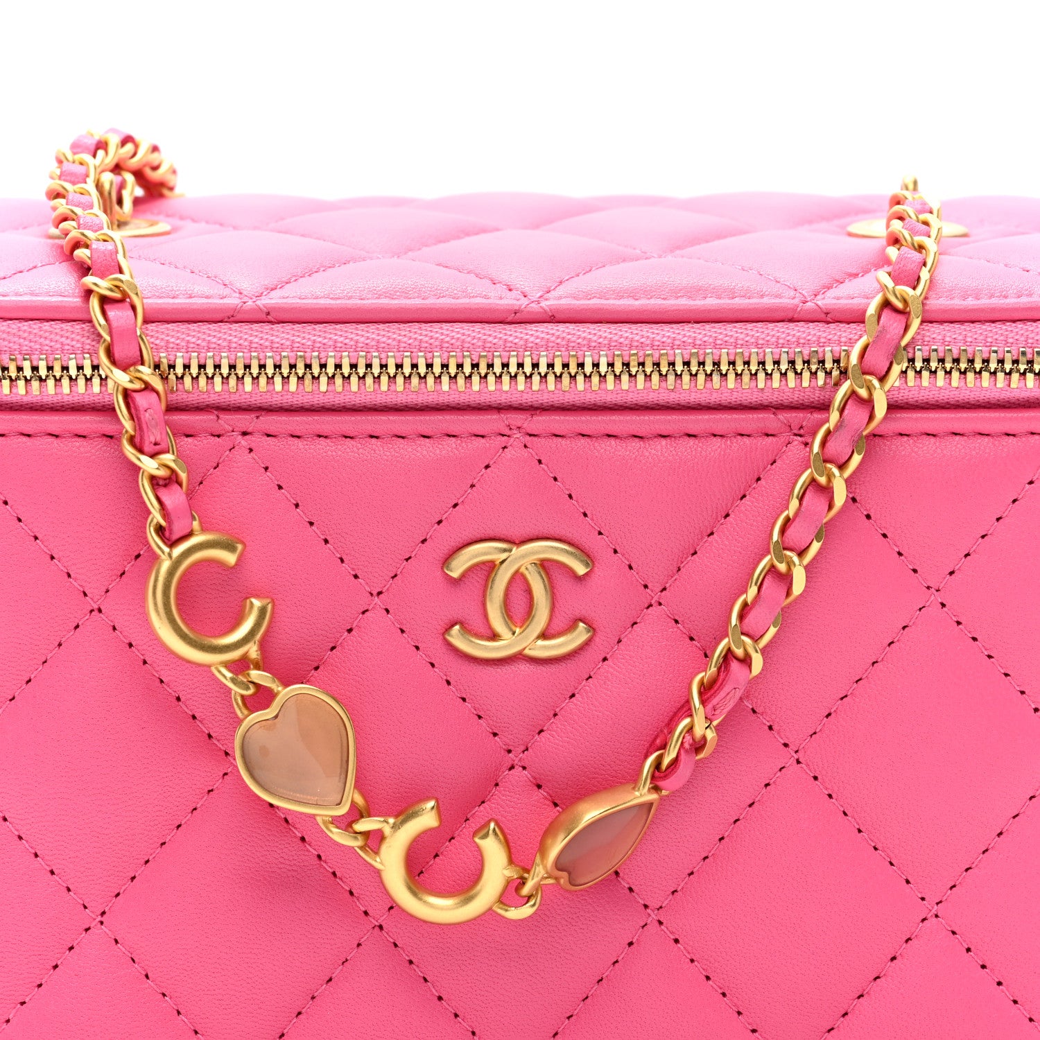 Chanel Lambskin Enamel Quilted Small Coco Hearts Vanity Case With Chain Pink 8 of 10