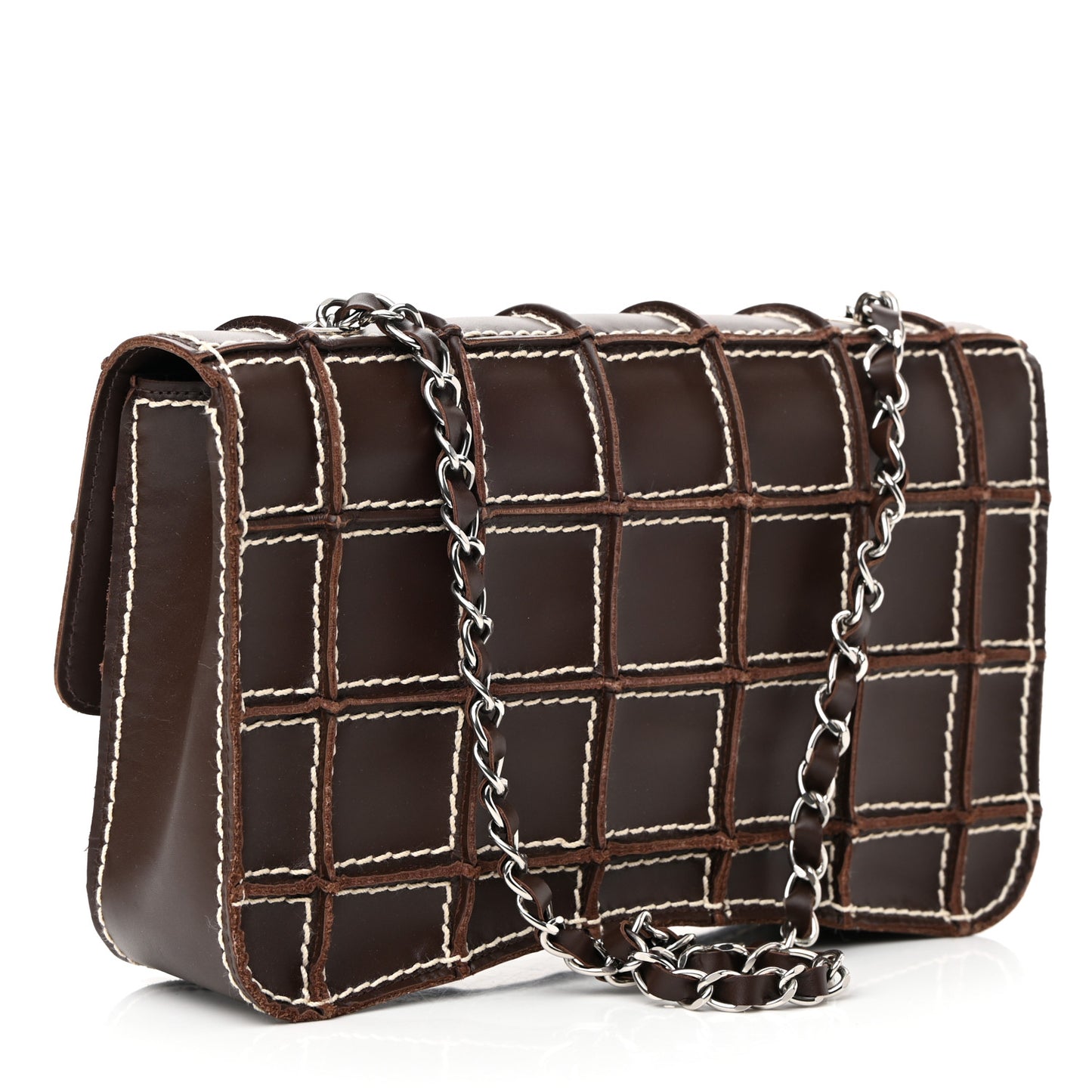 Lambskin Contrast Square Stitch Flap Brown