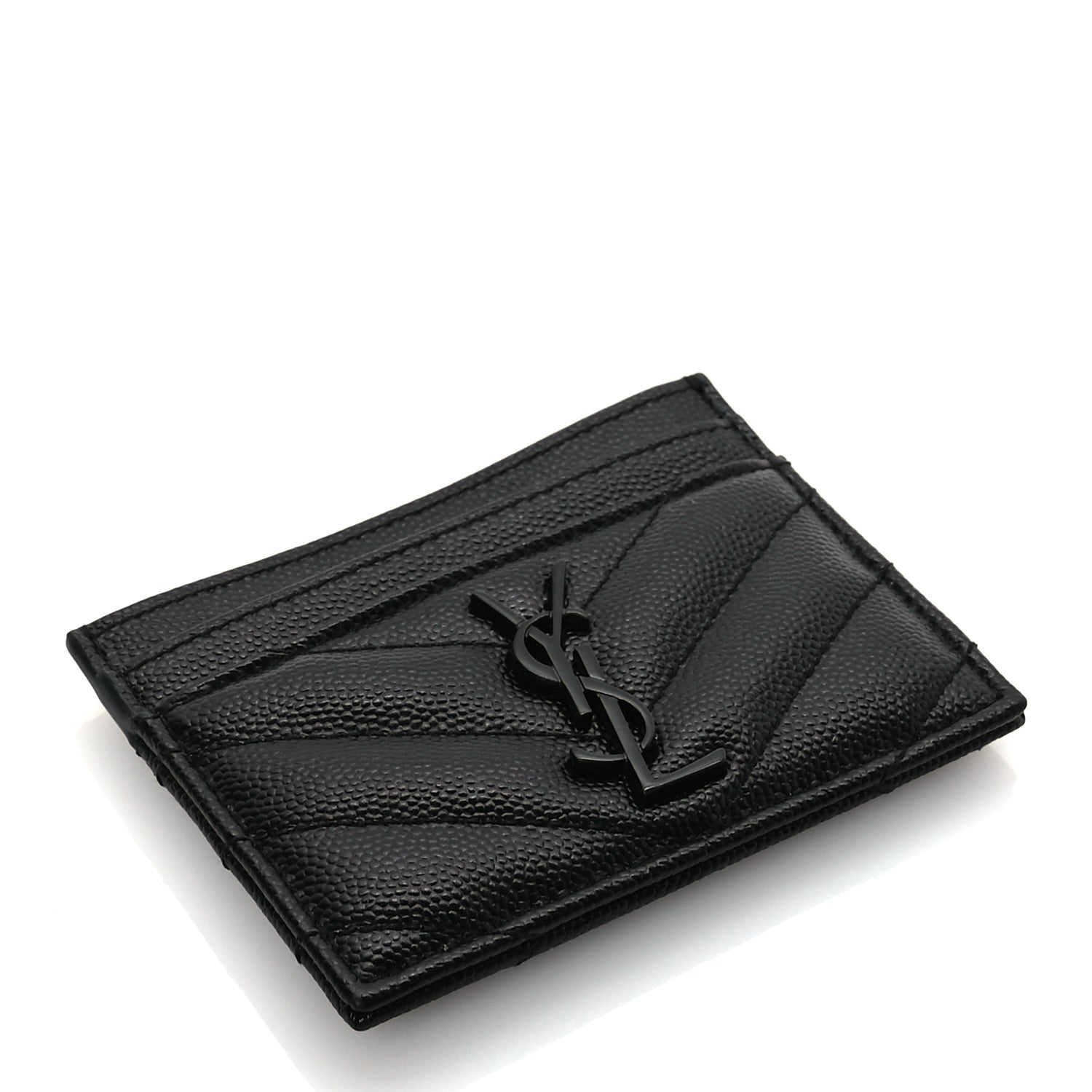 Saint Laurent Grain De Poudre Matelasse Chevron Monochrome Monogram Credit Card Case Black 6 of 8