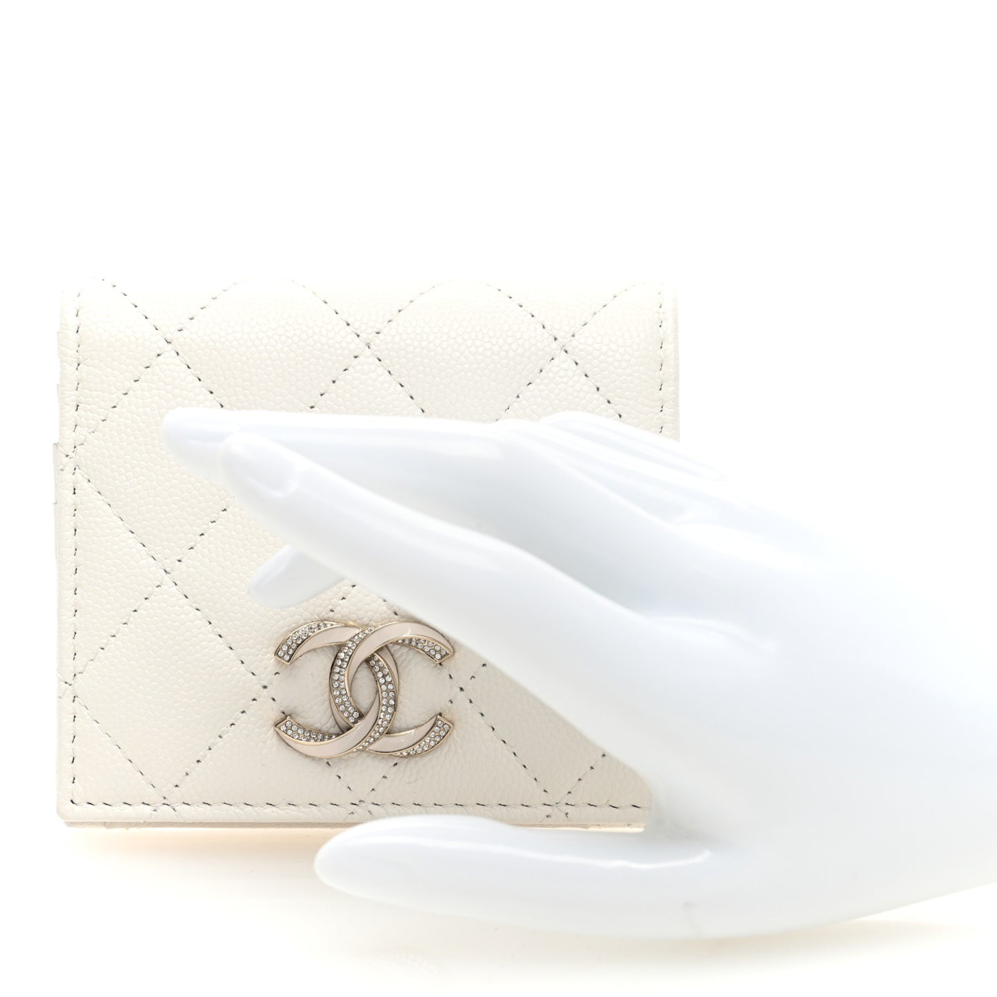 Caviar Quilted Crystal Enamel Quilted Compact Bifold Wallet White