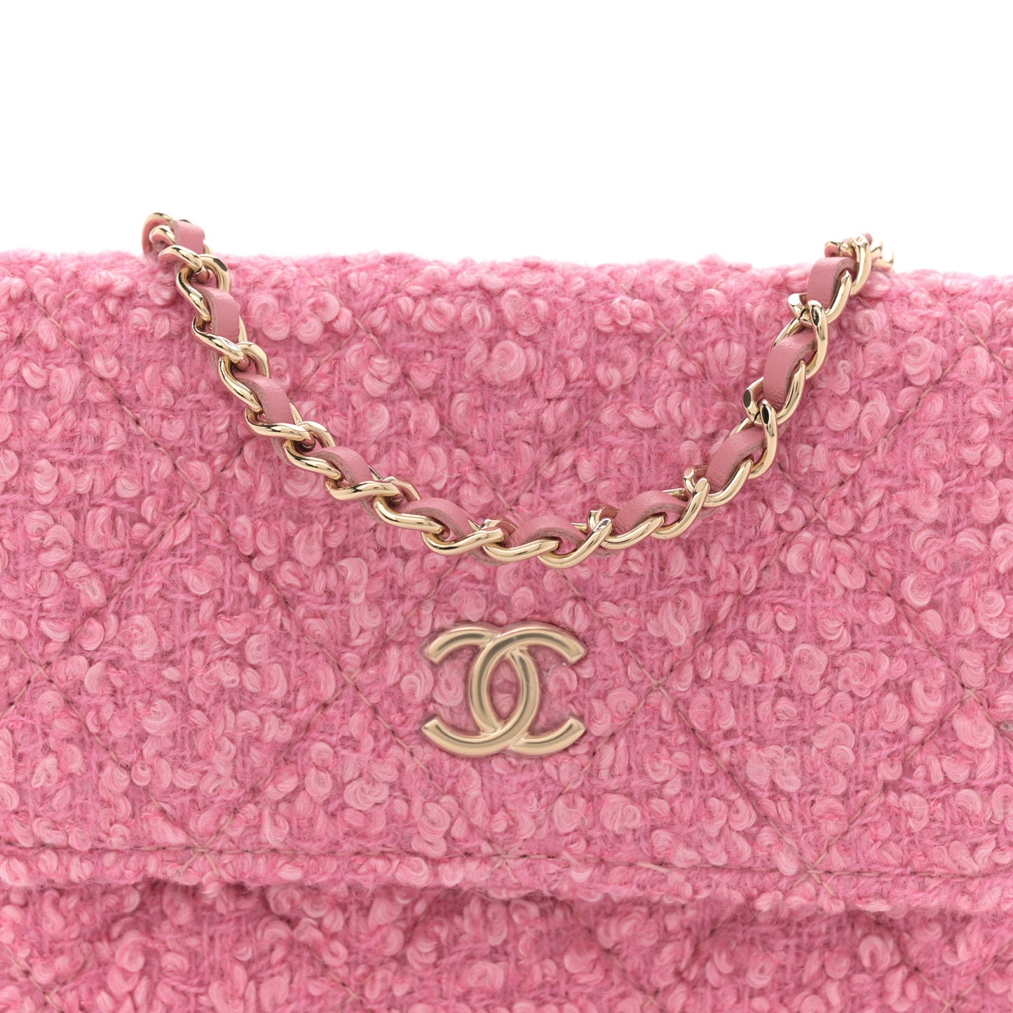 Tweed Quilted Flap Chain Waist Bag Pink