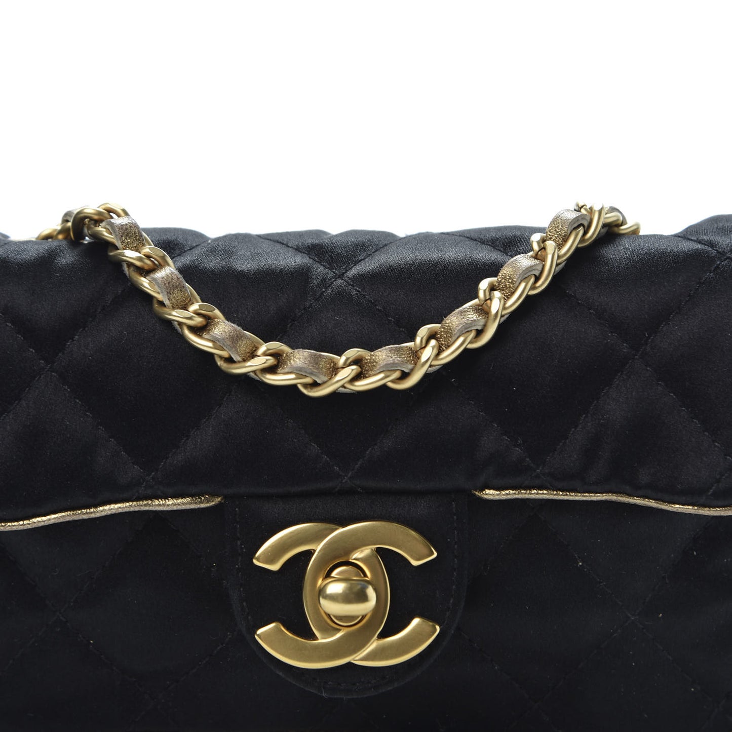 Satin Quilted Extra Mini Flap Black Gold