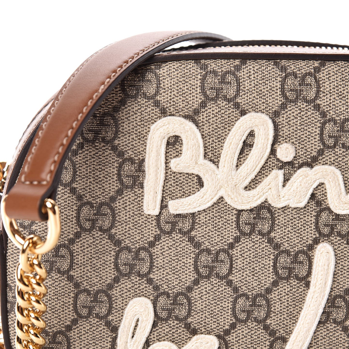 GG Supreme Monogram Blind For Love Embroidered Mini Chain Shoulder Bag Beige Tuscany