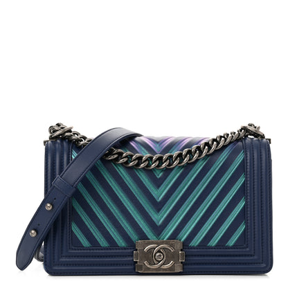 Chanel Calfskin Painted Chevron Embossed Medium Boy Flap Navy 1 of 11