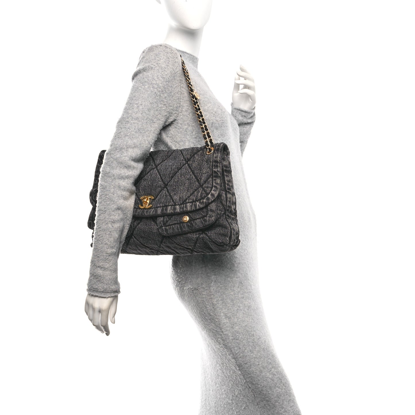 Washed Denim Quilted Maxi Flap Bag Black