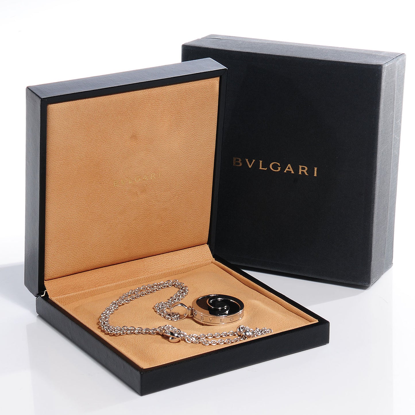 BVLGARI Stainless Steel 18K White Gold Black Onyx Optical Illusion Pendant Necklace