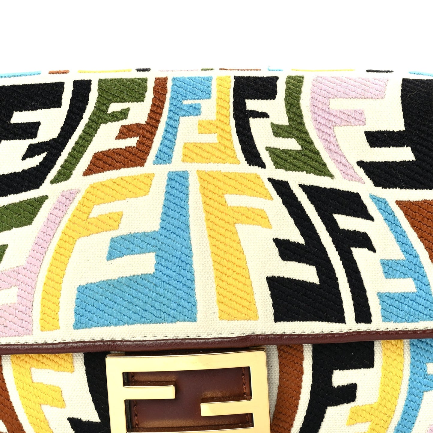 X SARA COLEMAN Canvas Vitello King Seta FF Fish Eye Embroidered Baguette  Grezzo Multicolor Ghianda