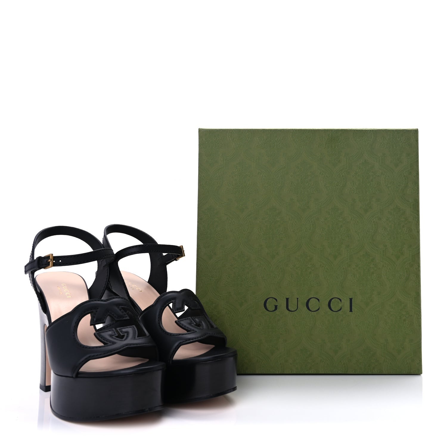 Gucci Cosmos Softy Calfskin Wooden Interlocking G Cut-Out 30/120mm Platform Sandals 38  Black 9 of 9