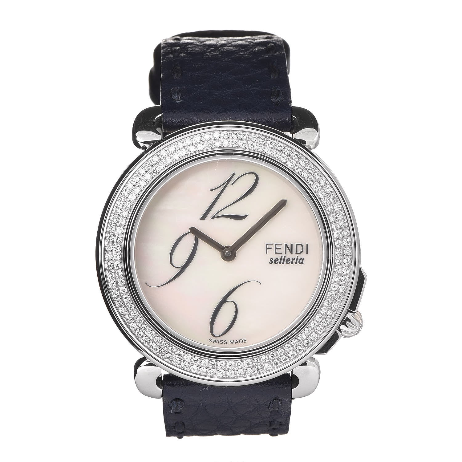 Fendi Stainless Steel Calfskin Diamond Pave Bezel Mother of Pearl 37mm Selleria Quartz Watch 1 of 9