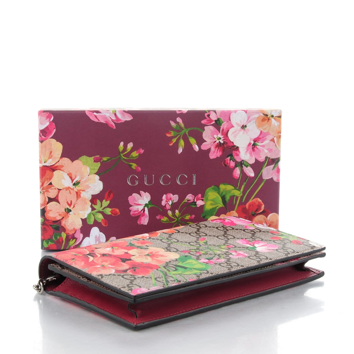 GG Supreme Monogram Blooms Chain Wallet Beige Multicolor Dry Rose