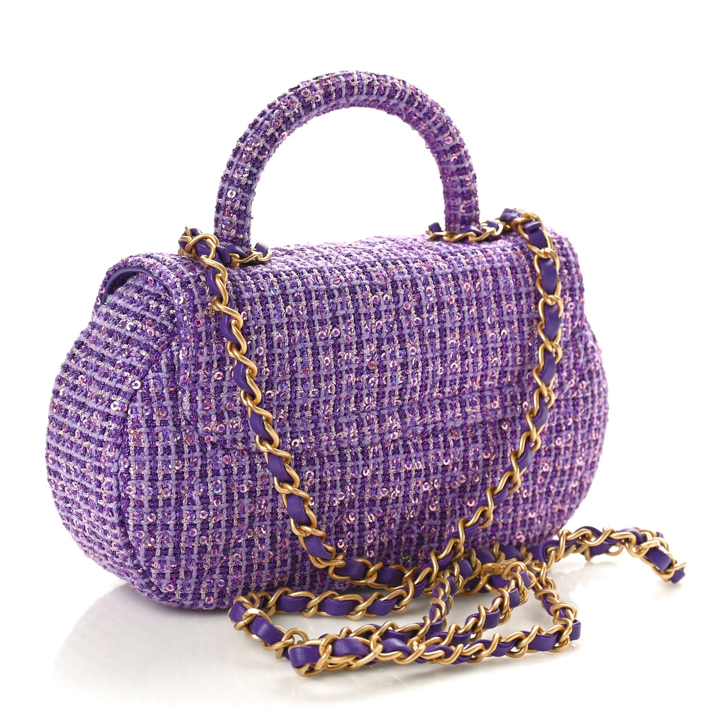 Tweed Sequin Quilted Baywatch Top Handle Flap Purple