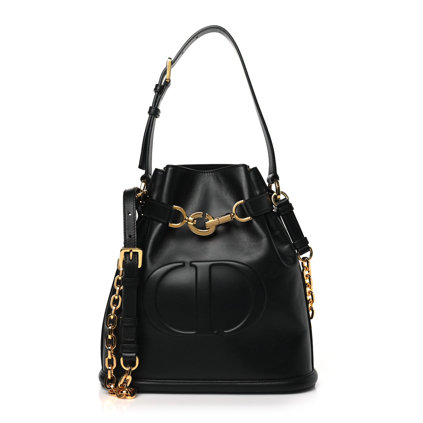 Calfskin CD Embossed Medium C'est Chain Bucket Bag Black