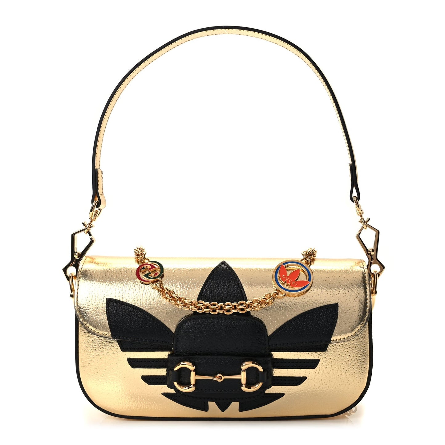 X ADIDAS Textured Dollar Calfskin Web Trefoil Horsebit 1955 Shoulder Bag King Gold Black
