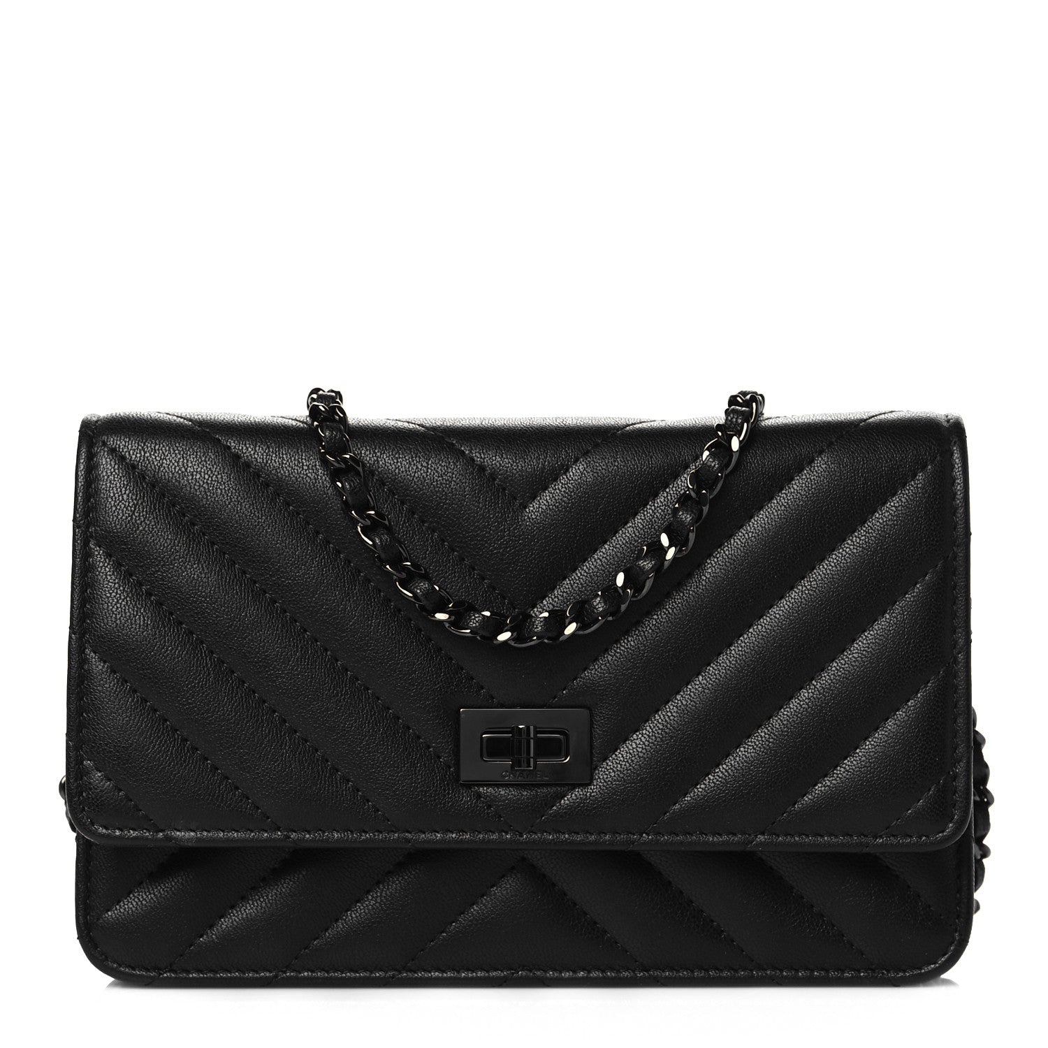 Chanel Sheepskin Chevron Reissue Wallet On Chain WOC So Black 1 of 12
