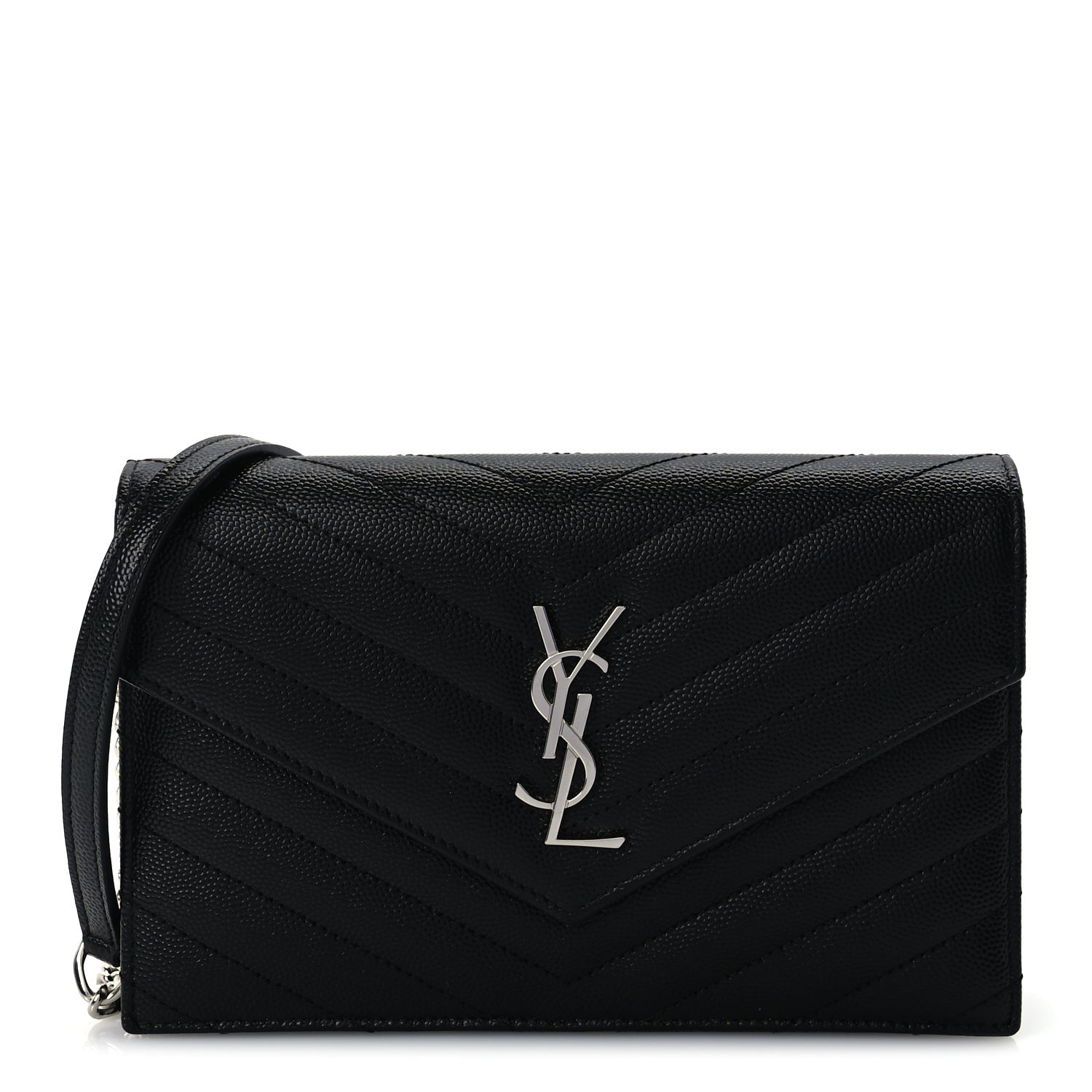 Saint Laurent Grain De Poudre Matelasse Chevron Monogram Envelope Chain Wallet  Black 1 of 8