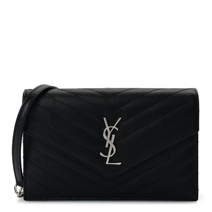 Saint Laurent Grain De Poudre Matelasse Chevron Monogram Envelope Chain Wallet  Black 1 of 8