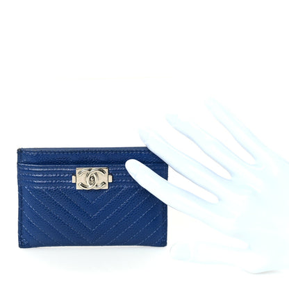 Chanel Caviar Chevron Quilted Boy Card Holder Blue 3 of 8