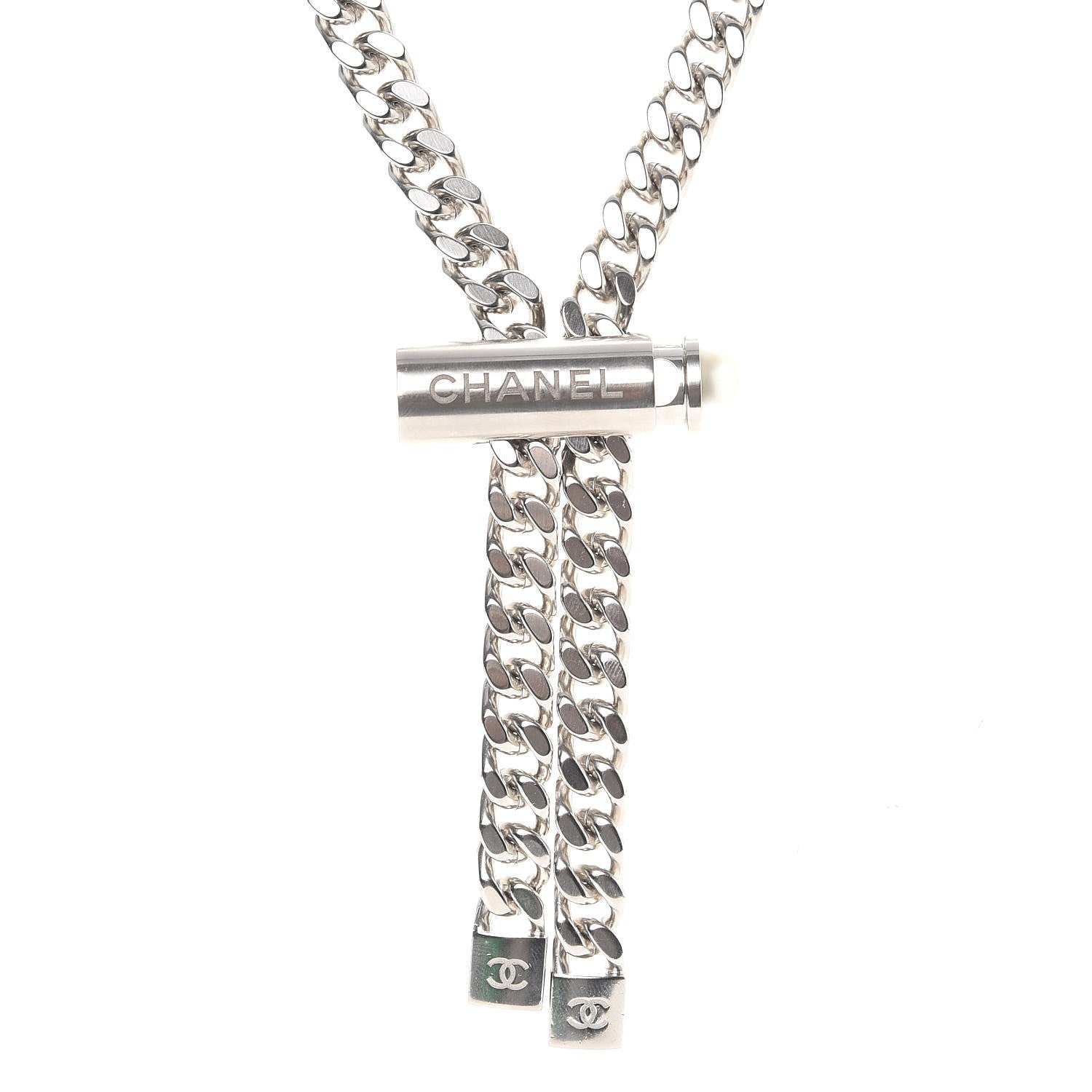 Chanel Pearl Oversized Chain Logo Clinch Necklace Silver 4 of 5