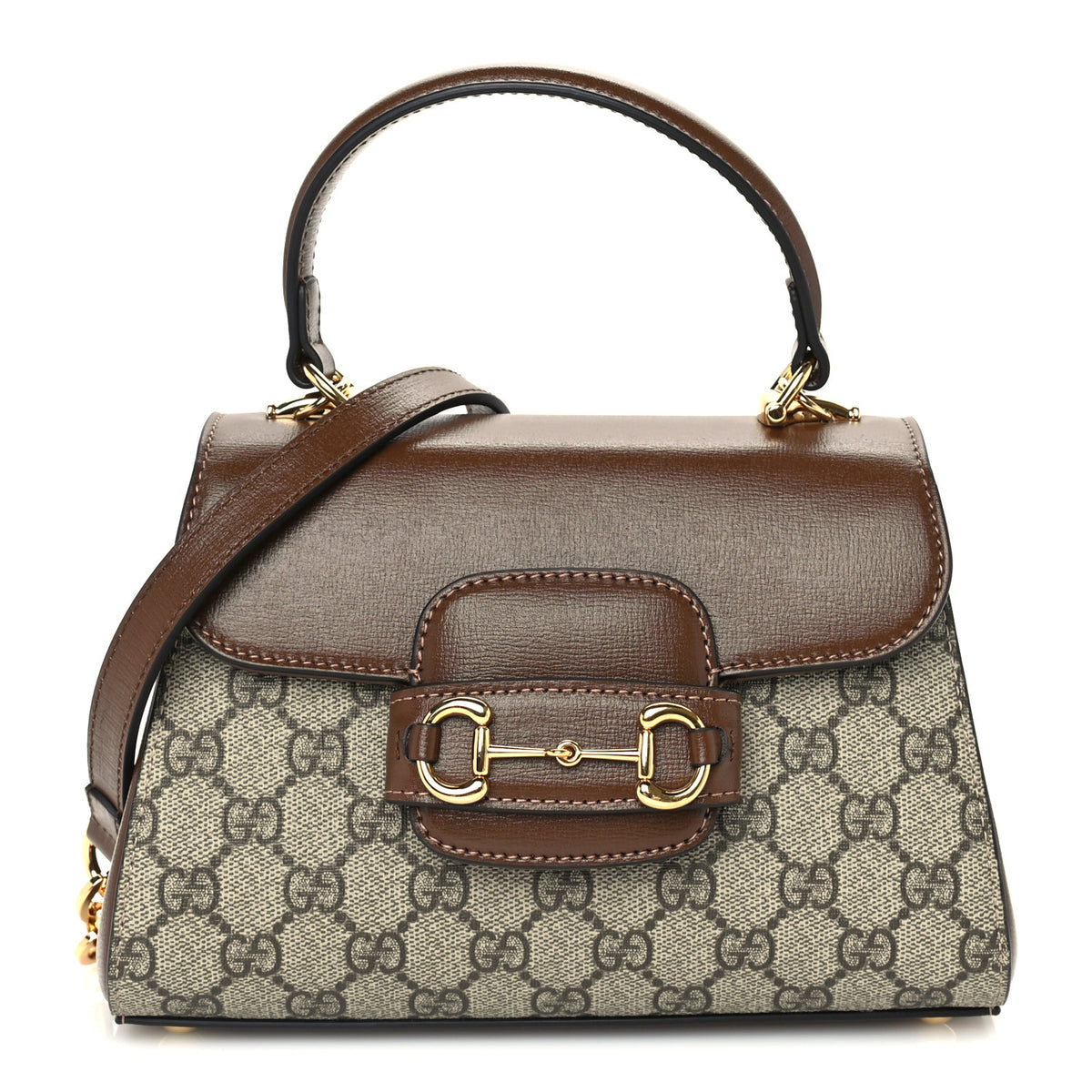 GG Supreme Monogram Azalea Calfskin Mini Horsebit 1955 Top Handle Flap Bag Beige Ebony Brown Sugar