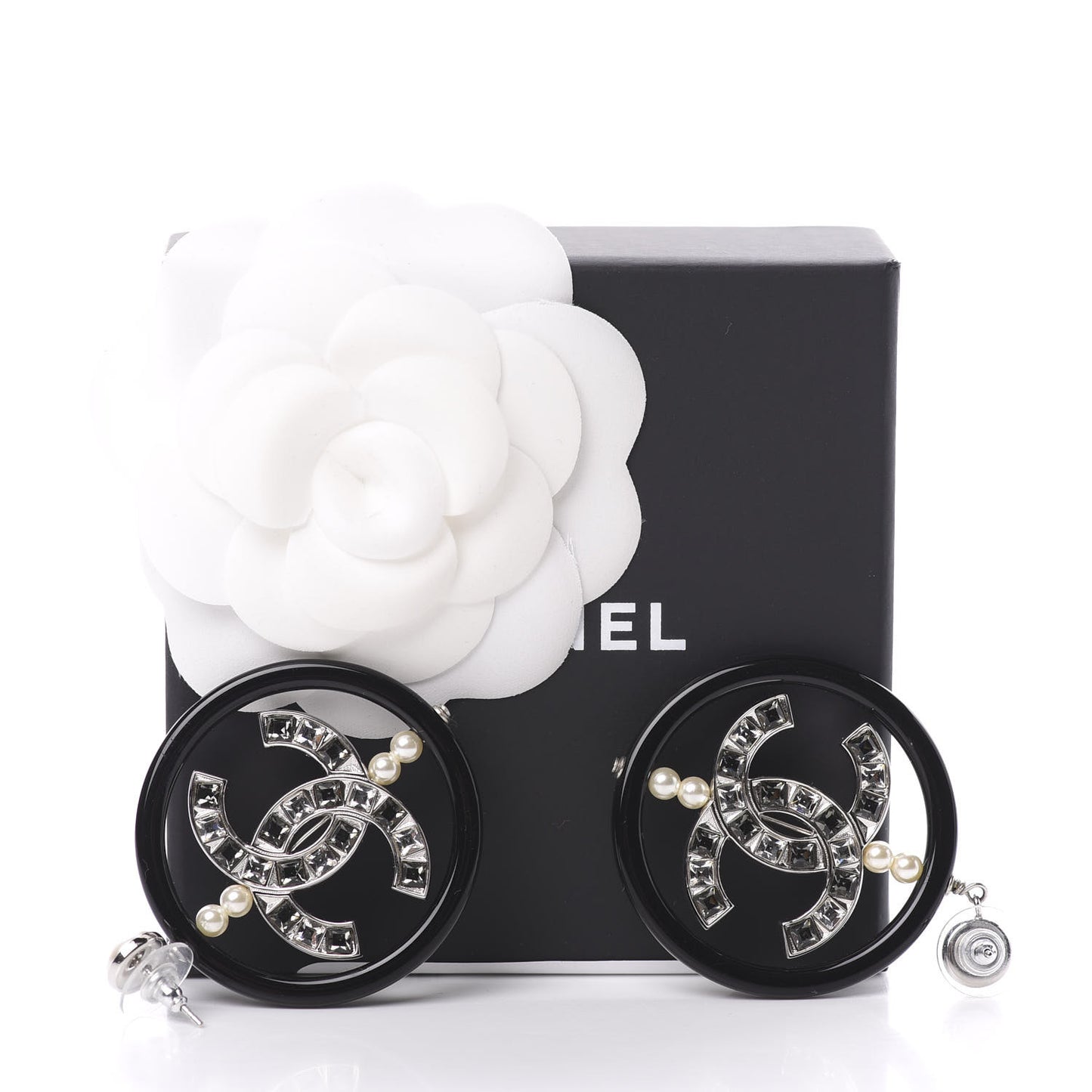 Resin Baguette Crystal Pearl CC Hoop Earrings Black White Grey