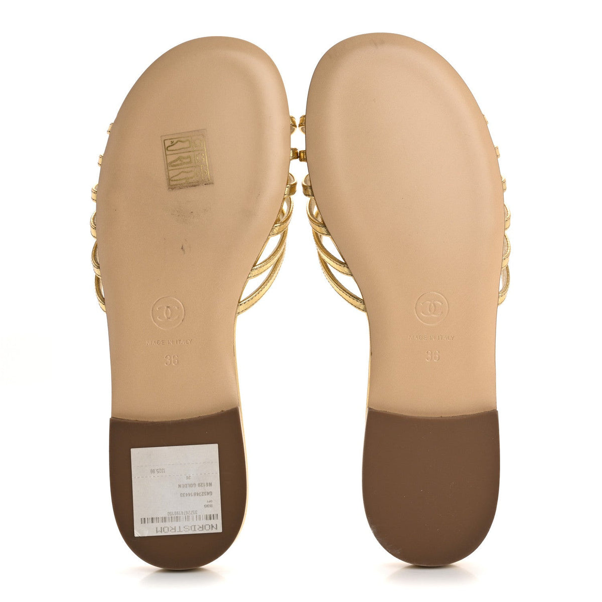 Laminated Lambskin Camellia CC Slide Sandals 36 Gold