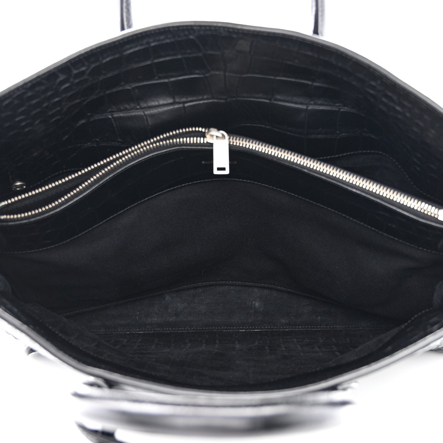 SAINT LAURENT Calfskin Crocodile Embossed Large Thin Sac De Jour Black