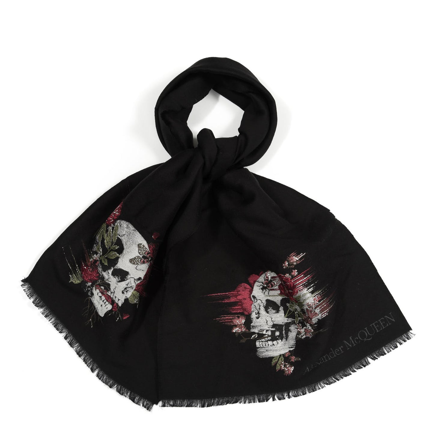 Wool Silk Buried Monarch Skull Scarf Black