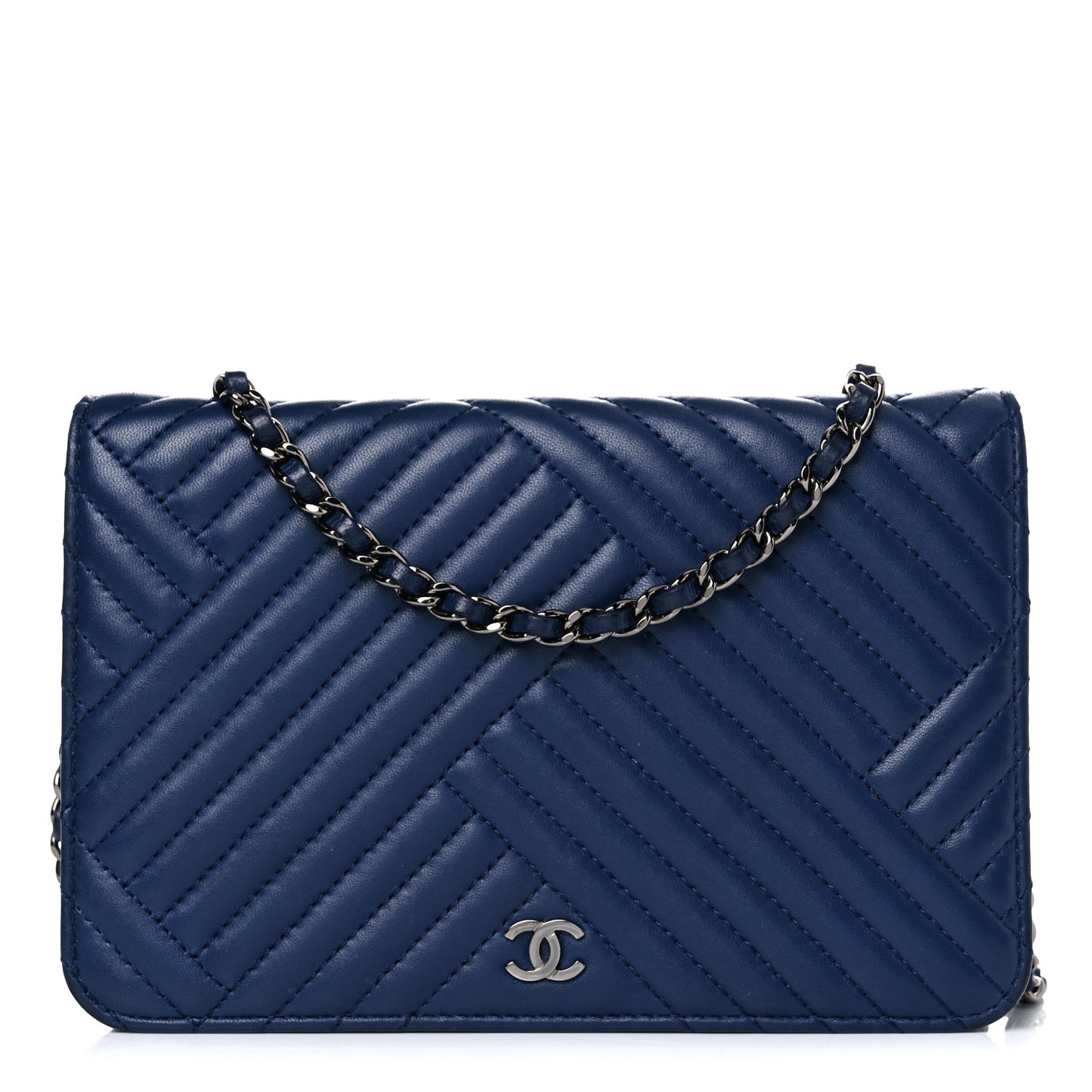 Lambskin Quilted CC Crossing Wallet On Chain WOC Blue