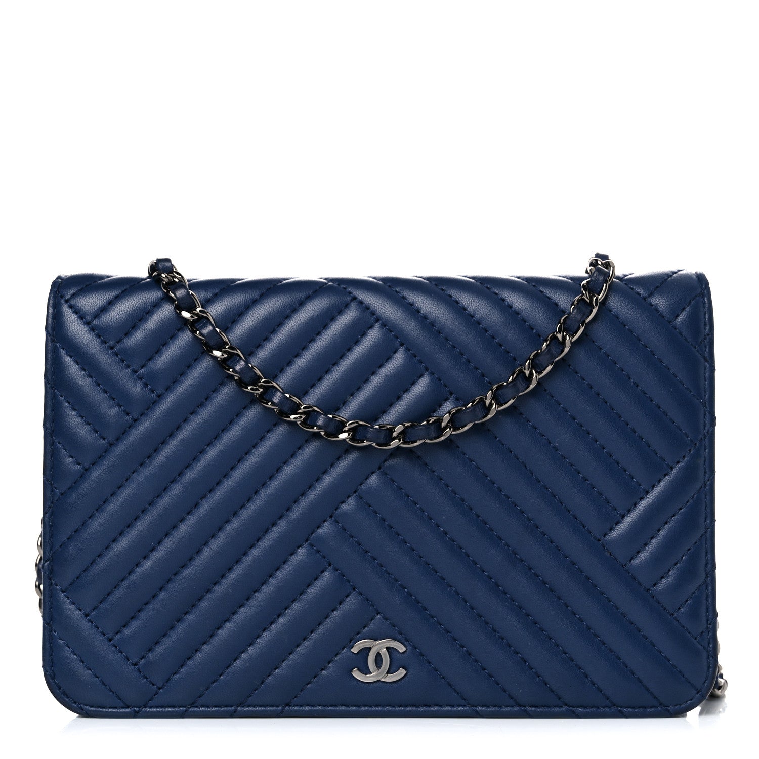 Chanel Lambskin Quilted CC Crossing Wallet On Chain WOC Blue 1 of 23