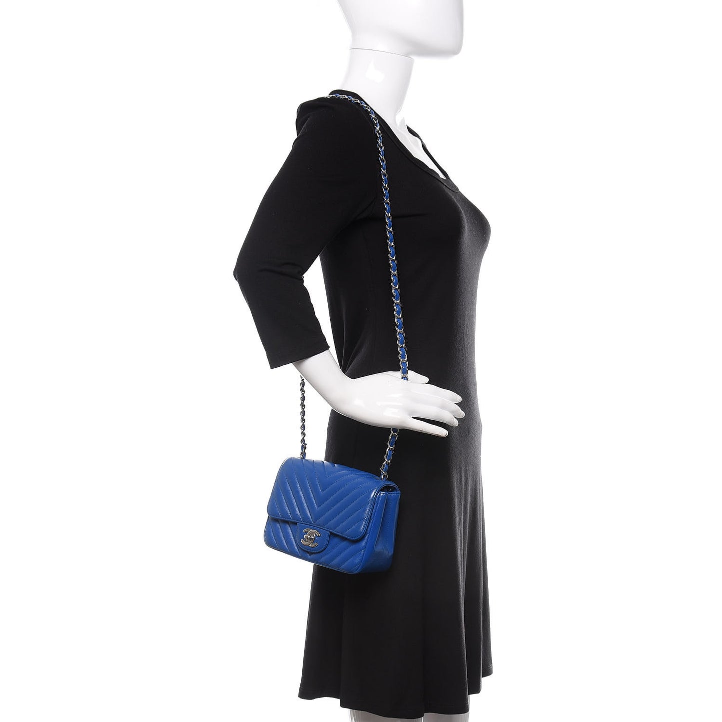 Caviar Chevron Quilted Mini Square Flap Blue