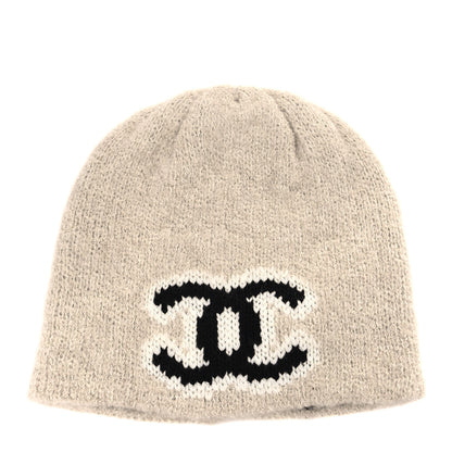 Chanel Wool Cashmere CC Beanie Hat Beige Black White 1 of 4