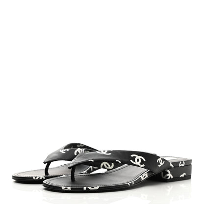 Chanel Lambskin Printed CC Thong Sandals 40 Black White 3 of 8