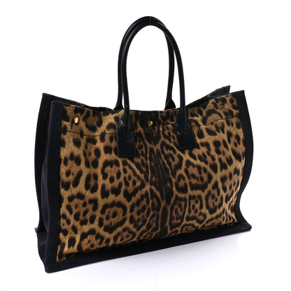 Saint Laurent Canvas Calfskin Leopard Print Rive Gauche Noe Tote Natural Black 2 of 8