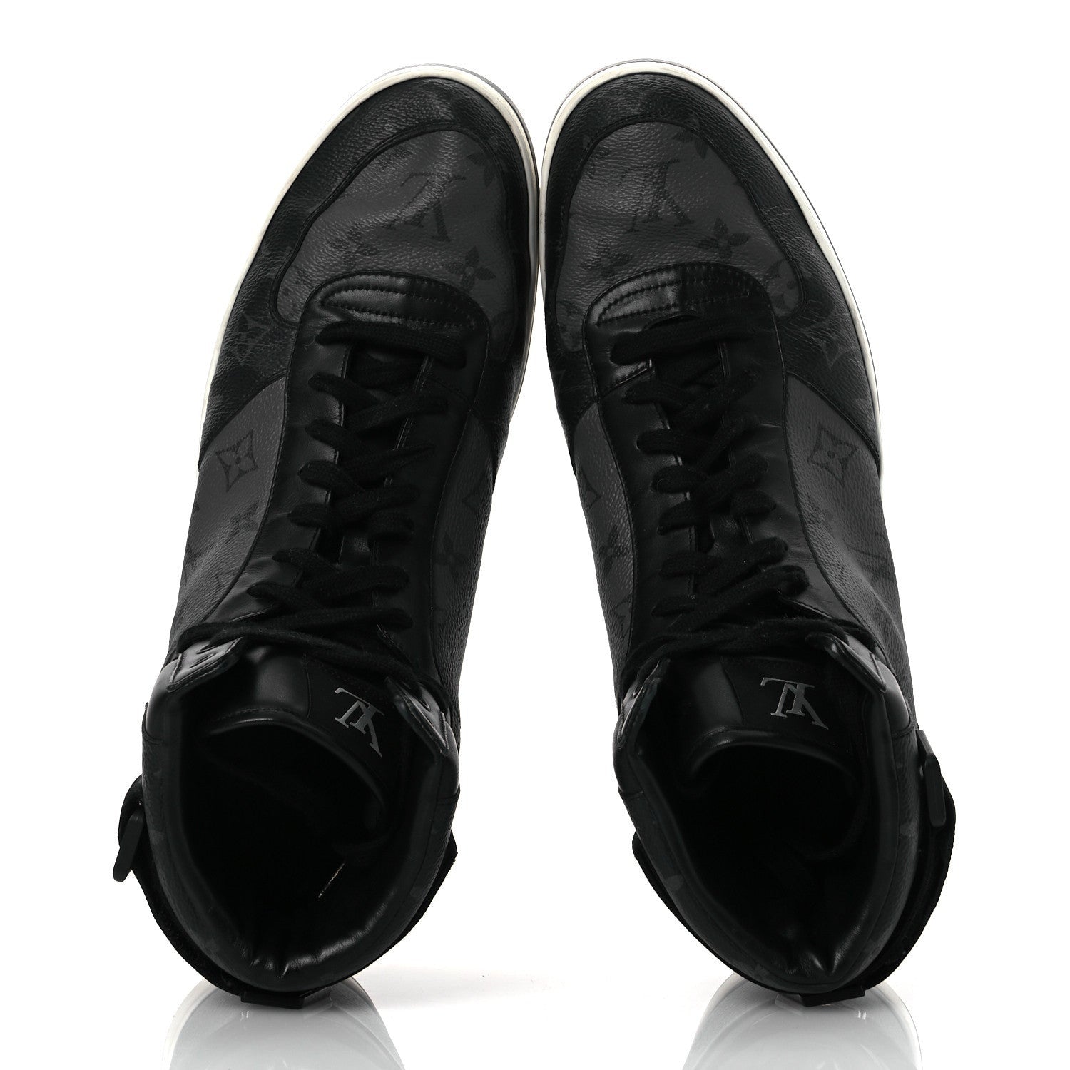 Louis Vuitton Calfskin Monogram Eclipse Mens Rivoli High Top Sneakers 10.5 Black Grey 2 of 7