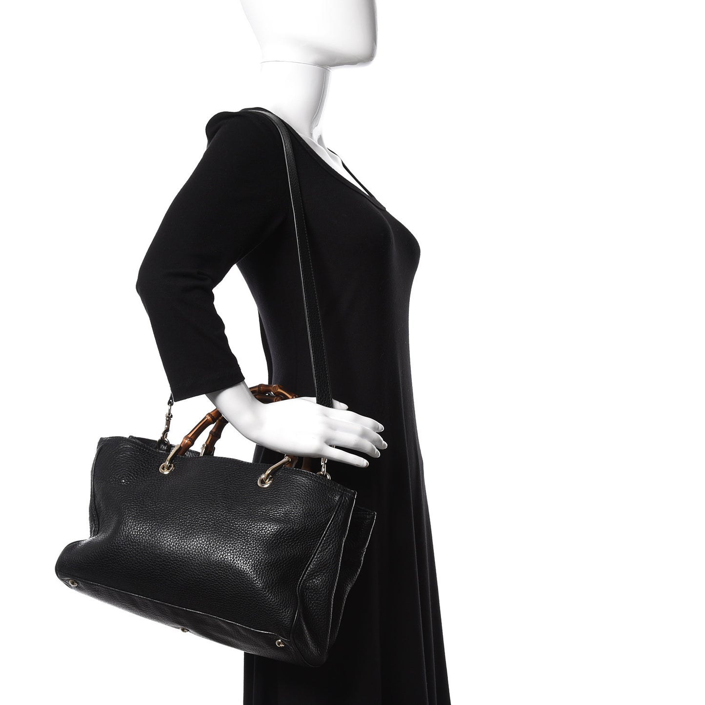 Pebbled Calfskin Medium Bamboo Shopper Tote Black
