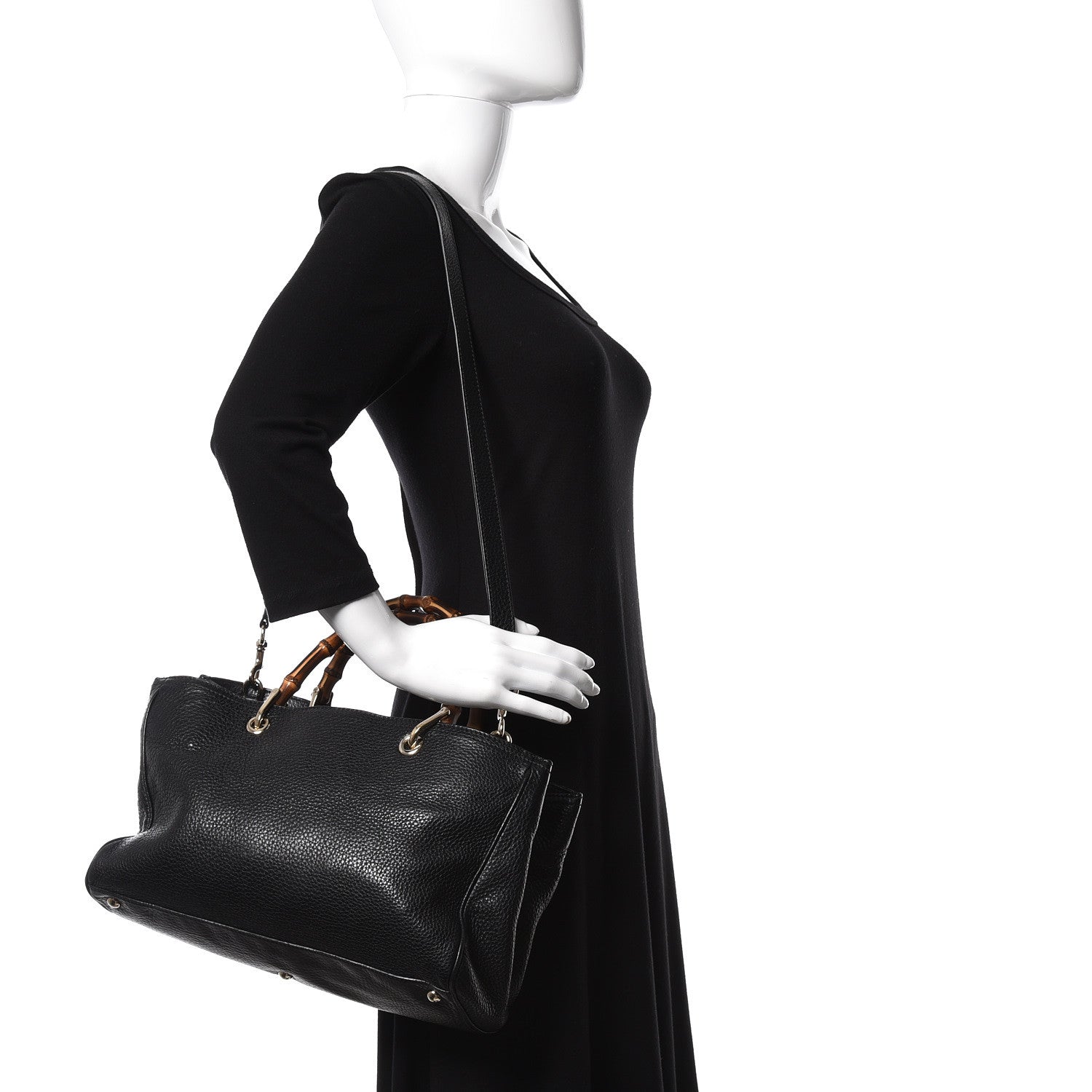 Gucci Pebbled Calfskin Medium Bamboo Shopper Tote Black 2 of 7