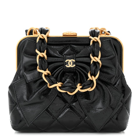 Patent Crumpled Lambskin Quilted Maxi Bow Clutch With Chain Black