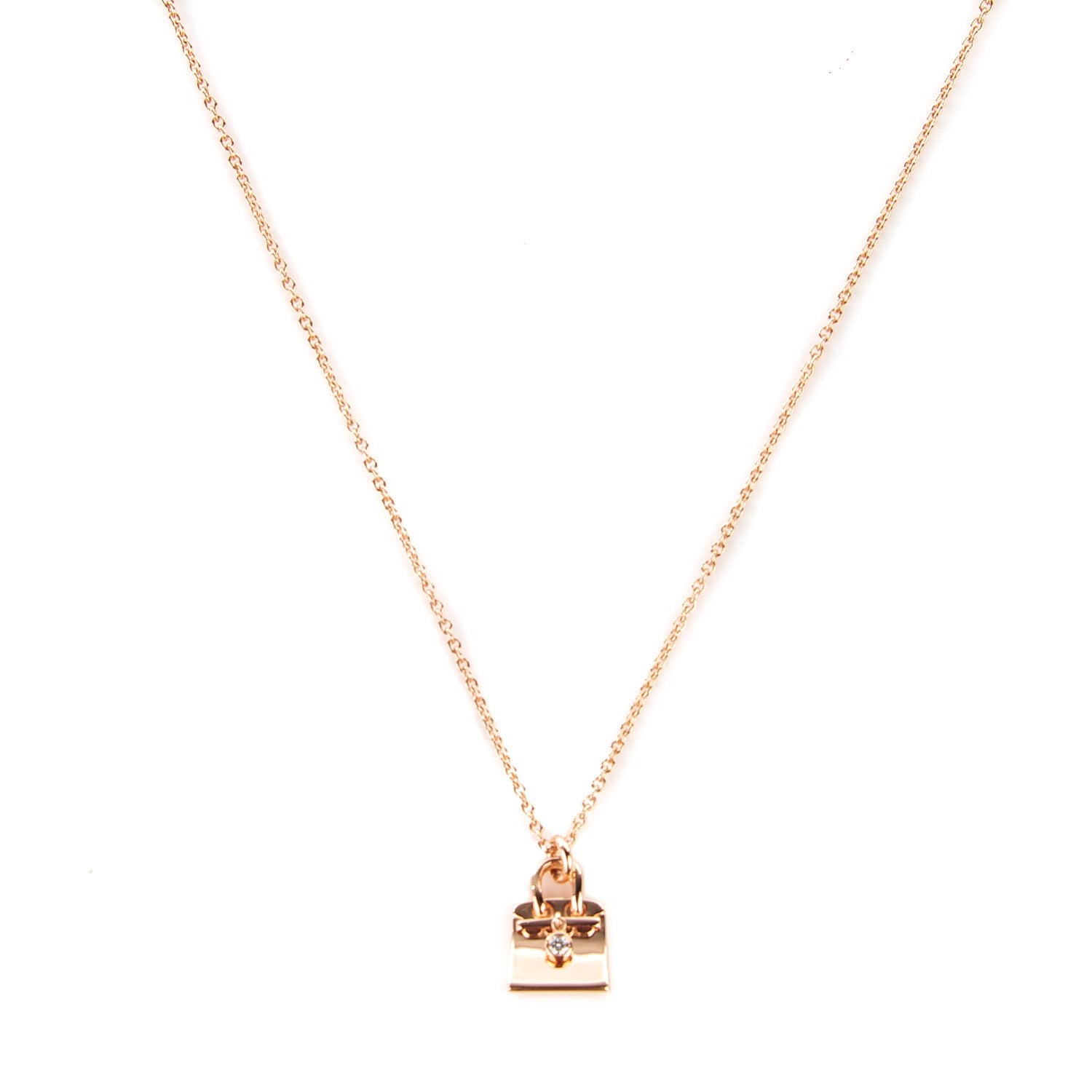 Hermes 18K Rose Gold Diamond Birkin Pendant Necklace 3 of 7