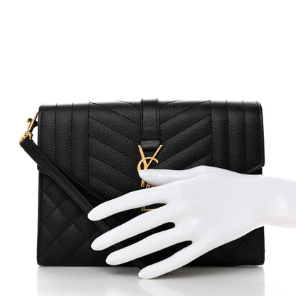 Saint Laurent Grain De Poudre Textured Mixed Matelasse Triquilt Monogram Clutch Black 2 of 11