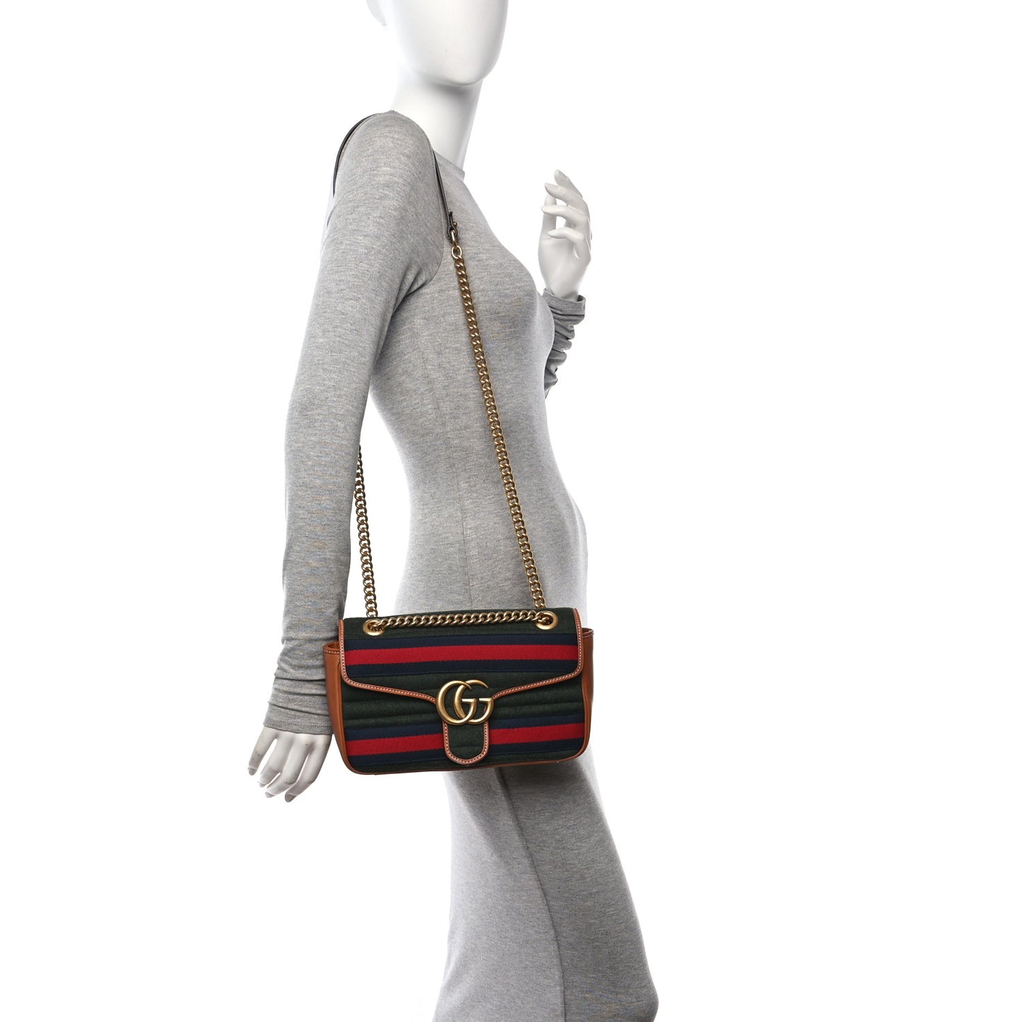 Loden Fabric Cuoio Harness Web Matelasse Horizontal Small GG Marmont Shoulder Bag Underwood Blue Red Harness Brown