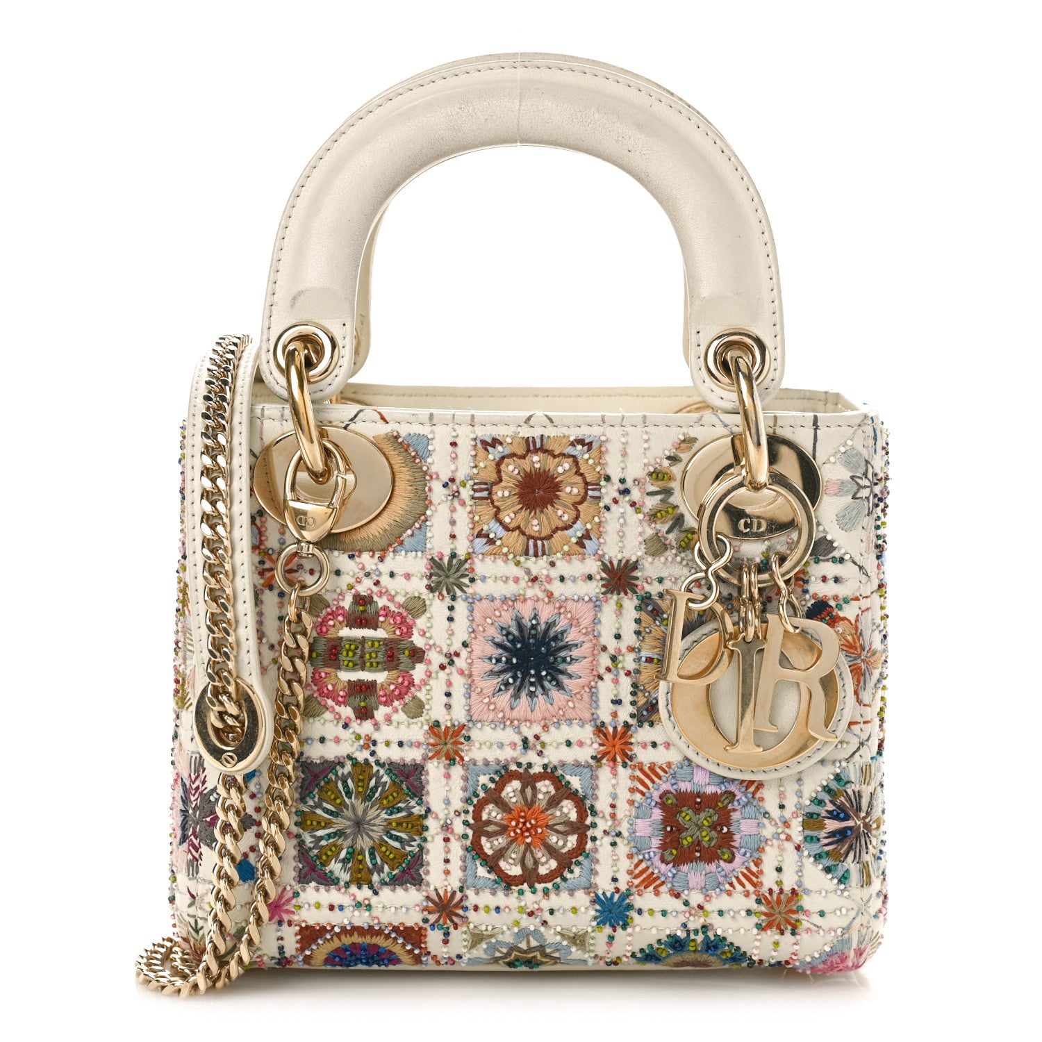 Christian Dior Calfskin Embroidered Beaded Geometric Cannage Mini Lady Dior White Multicolor 1 of 13