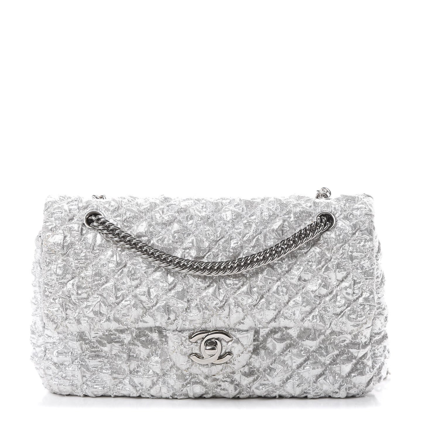 Metallic Lame Quilted Small Double Flap Silver