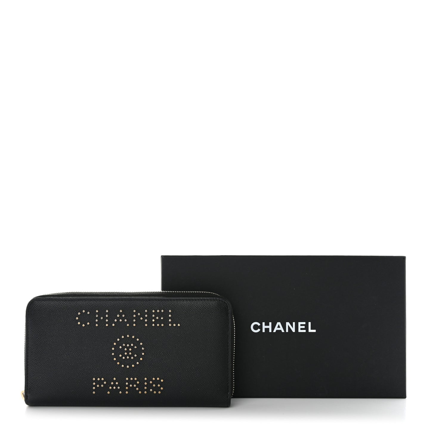 Caviar Studded Deauville Large Zip Around Wallet Black