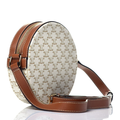 Celine Lambskin Triomphe Canvas Round Purse On Strap White Tan 3 of 9