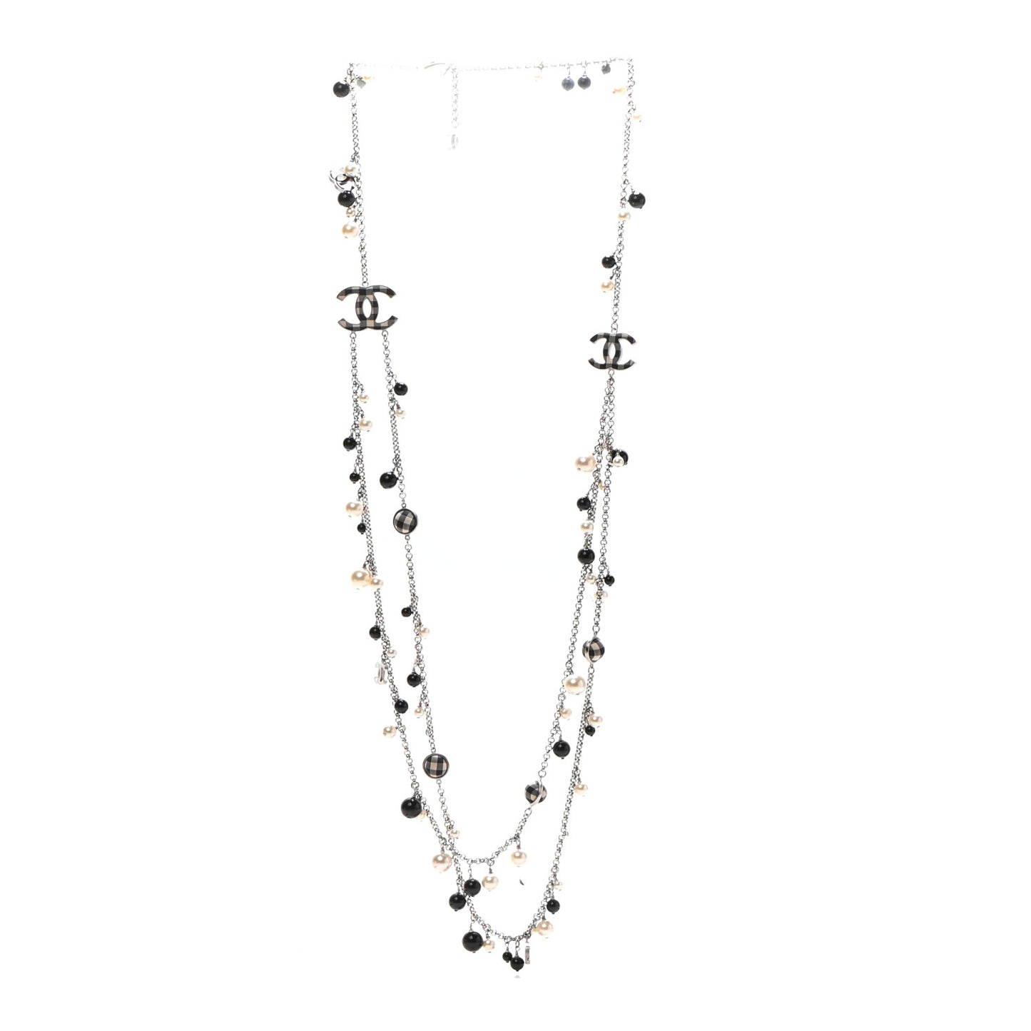 Pearl Beaded Gingham CC Long Necklace Silver Black