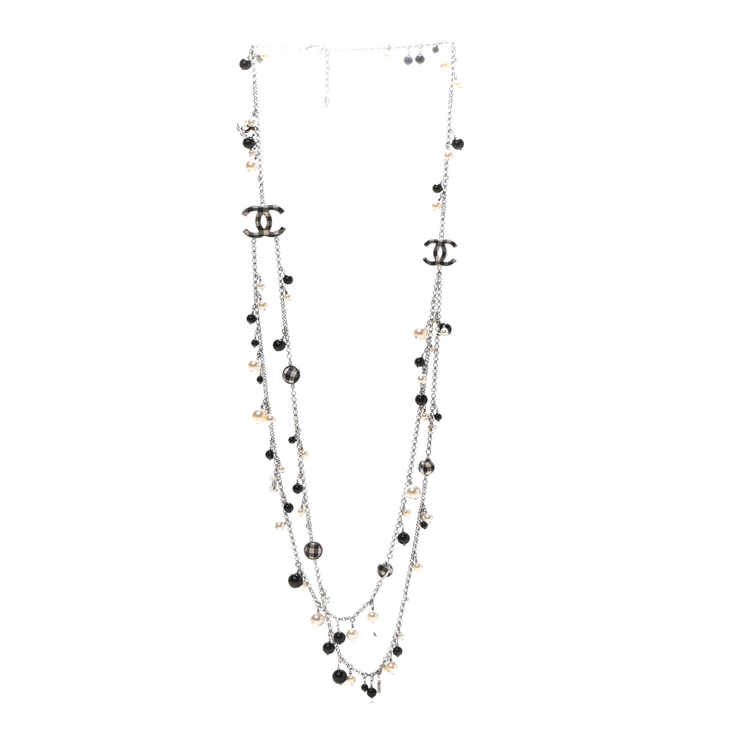 Chanel Pearl Beaded Gingham CC Long Necklace Silver Black 3 of 5