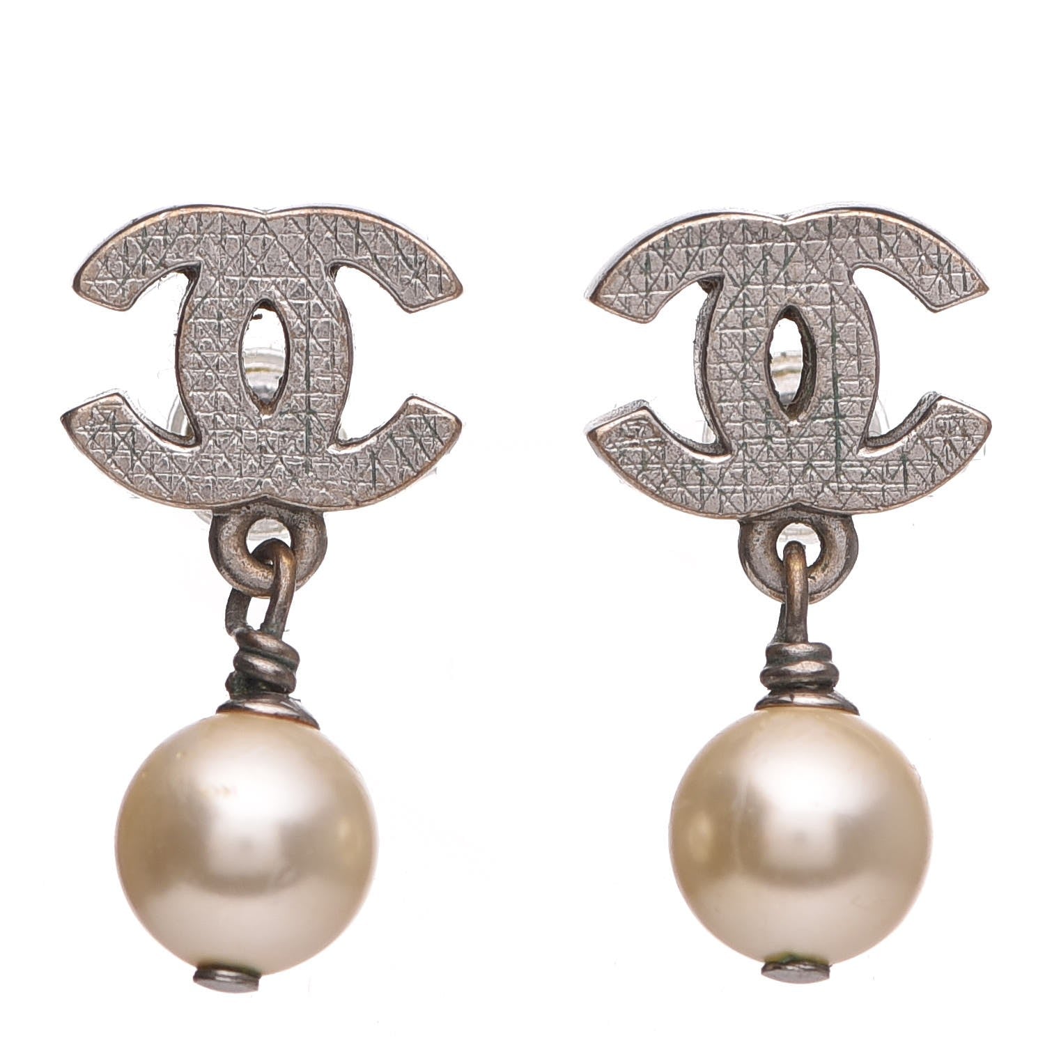 Chanel Pearl Quilted CC Drop Earrings Silver 1 of 5