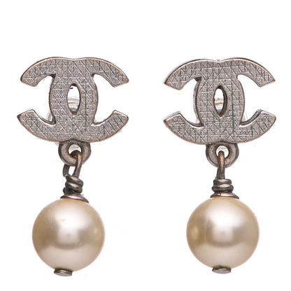 Chanel Pearl Quilted CC Drop Earrings Silver 1 of 5