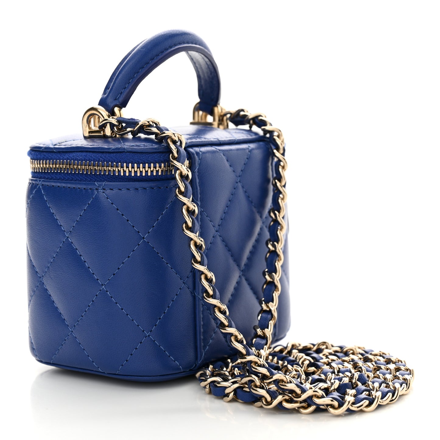 Lambskin Quilted Top Handle Mini Vanity Case With Chain Blue