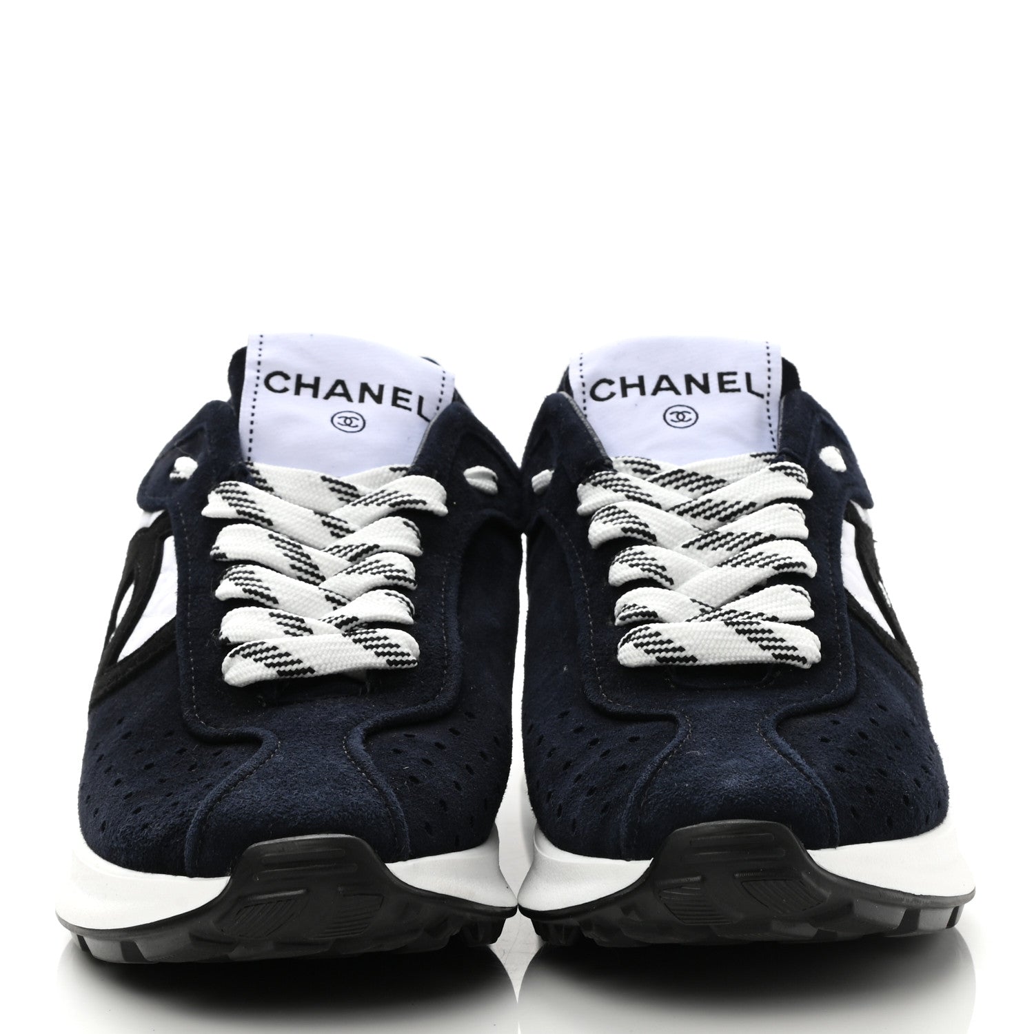 Chanel Suede Perforated Womens CC Sneakers 35.5 Navy White 2 of 8